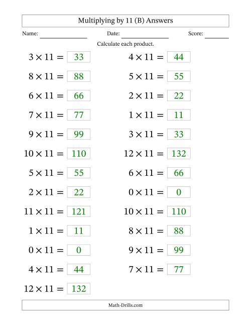 The Horizontally Arranged Multiplying (0 to 12) by 11 (25 Questions; Large Print) (B) Math Worksheet Page 2