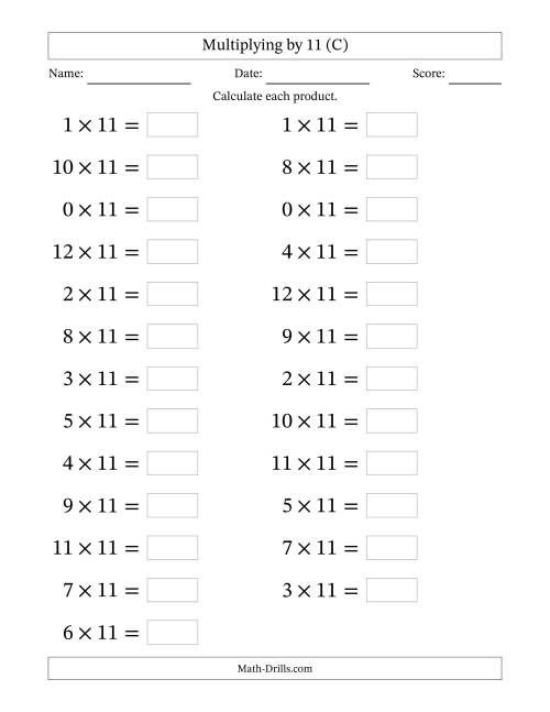The Horizontally Arranged Multiplying (0 to 12) by 11 (25 Questions; Large Print) (C) Math Worksheet