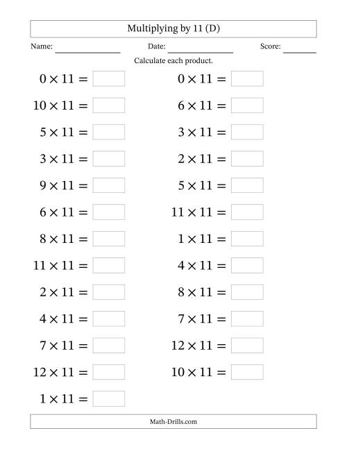 The Horizontally Arranged Multiplying (0 to 12) by 11 (25 Questions; Large Print) (D) Math Worksheet