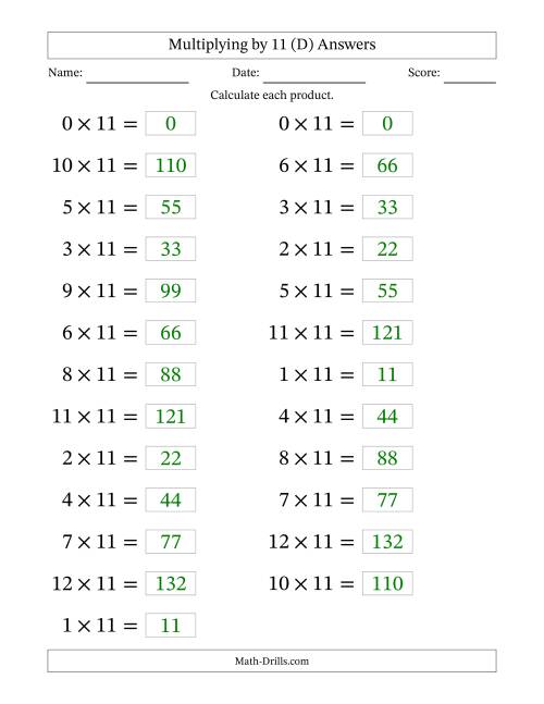 The Horizontally Arranged Multiplying (0 to 12) by 11 (25 Questions; Large Print) (D) Math Worksheet Page 2