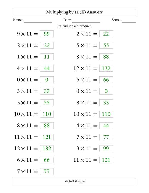 The Horizontally Arranged Multiplying (0 to 12) by 11 (25 Questions; Large Print) (E) Math Worksheet Page 2