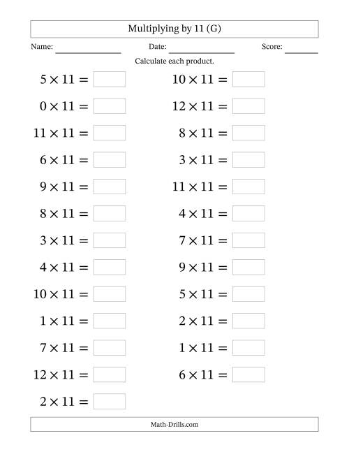 The Horizontally Arranged Multiplying (0 to 12) by 11 (25 Questions; Large Print) (G) Math Worksheet