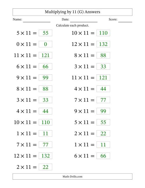 The Horizontally Arranged Multiplying (0 to 12) by 11 (25 Questions; Large Print) (G) Math Worksheet Page 2