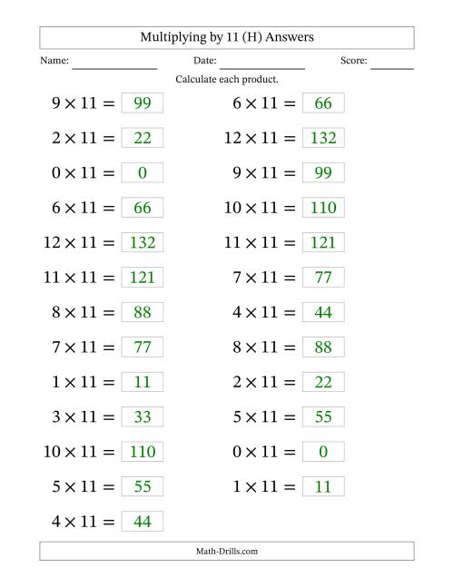The Horizontally Arranged Multiplying (0 to 12) by 11 (25 Questions; Large Print) (H) Math Worksheet Page 2