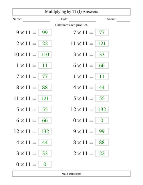 The Horizontally Arranged Multiplying (0 to 12) by 11 (25 Questions; Large Print) (I) Math Worksheet Page 2