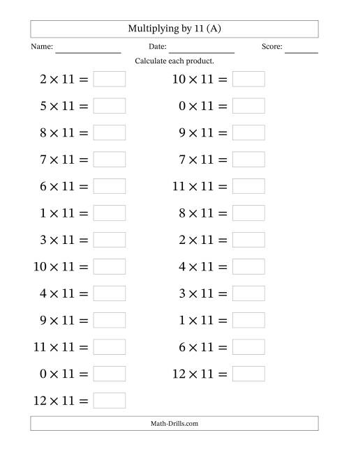 The Horizontally Arranged Multiplying (0 to 12) by 11 (25 Questions; Large Print) (All) Math Worksheet