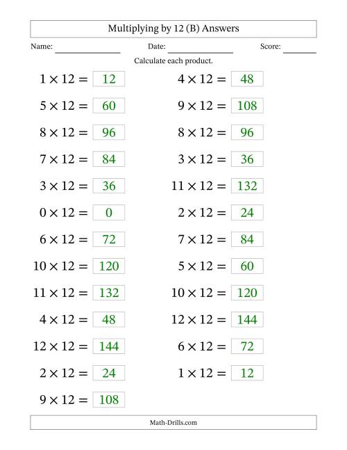 The Horizontally Arranged Multiplying (0 to 12) by 12 (25 Questions; Large Print) (B) Math Worksheet Page 2