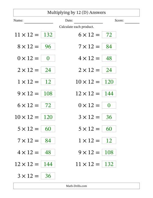 The Horizontally Arranged Multiplying (0 to 12) by 12 (25 Questions; Large Print) (D) Math Worksheet Page 2