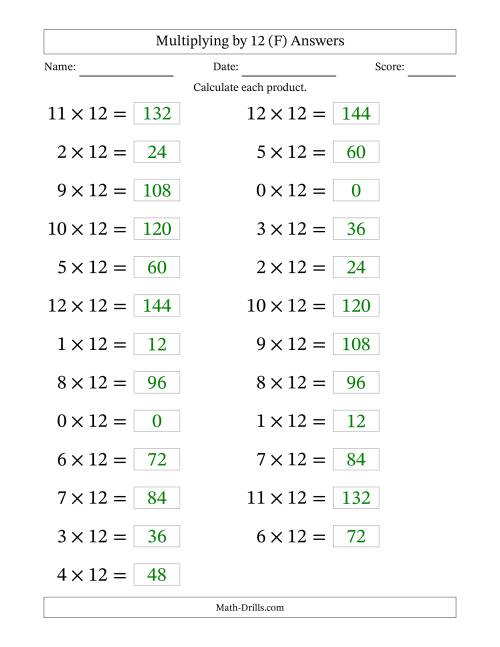 The Horizontally Arranged Multiplying (0 to 12) by 12 (25 Questions; Large Print) (F) Math Worksheet Page 2