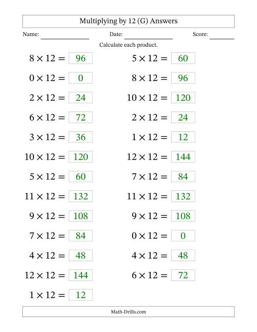 The Horizontally Arranged Multiplying (0 to 12) by 12 (25 Questions; Large Print) (G) Math Worksheet Page 2