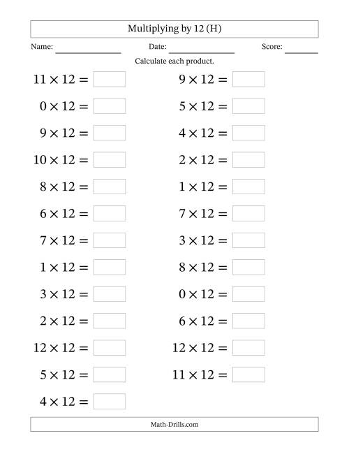 The Horizontally Arranged Multiplying (0 to 12) by 12 (25 Questions; Large Print) (H) Math Worksheet