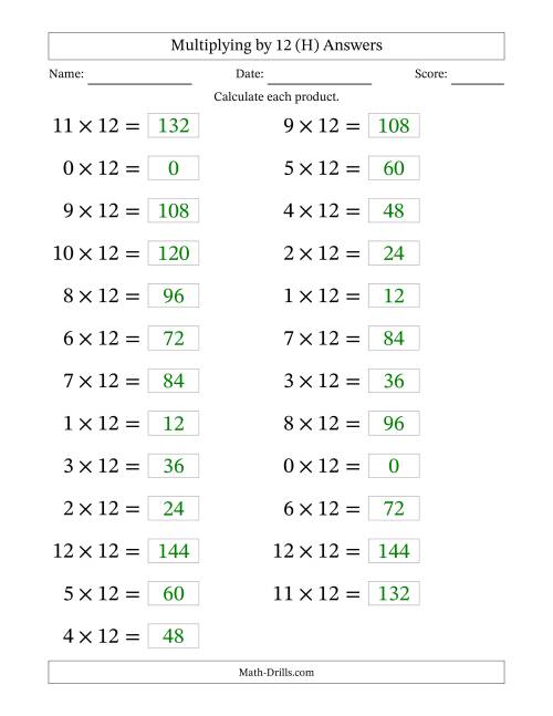 The Horizontally Arranged Multiplying (0 to 12) by 12 (25 Questions; Large Print) (H) Math Worksheet Page 2