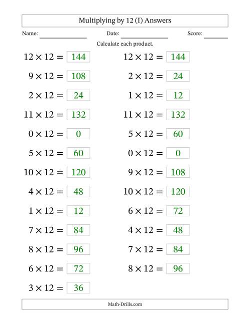 The Horizontally Arranged Multiplying (0 to 12) by 12 (25 Questions; Large Print) (I) Math Worksheet Page 2