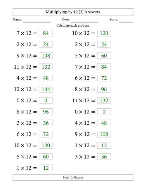 The Horizontally Arranged Multiplying (0 to 12) by 12 (25 Questions; Large Print) (J) Math Worksheet Page 2