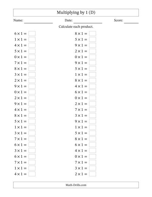 The Horizontally Arranged Multiplying (0 to 9) by 1 (50 Questions) (D) Math Worksheet