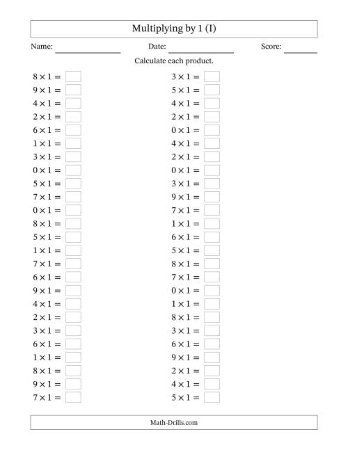 The Horizontally Arranged Multiplying (0 to 9) by 1 (50 Questions) (I) Math Worksheet
