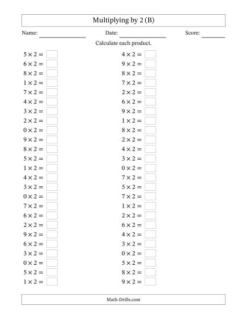 The Horizontally Arranged Multiplying (0 to 9) by 2 (50 Questions) (B) Math Worksheet
