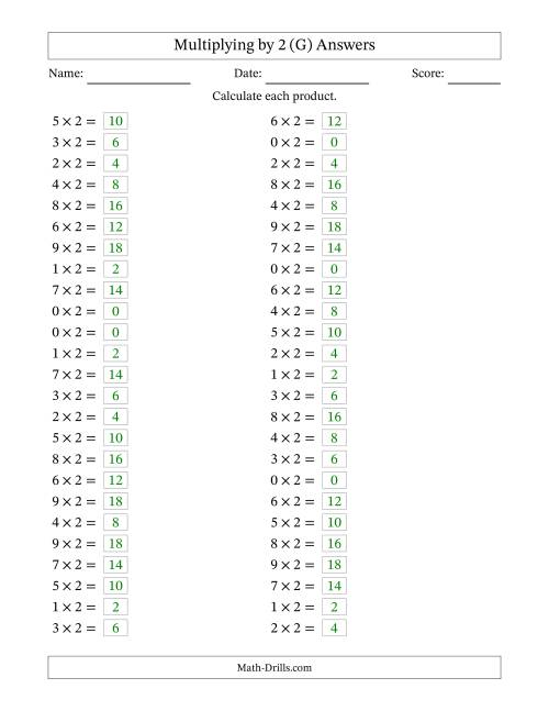 The Horizontally Arranged Multiplying (0 to 9) by 2 (50 Questions) (G) Math Worksheet Page 2