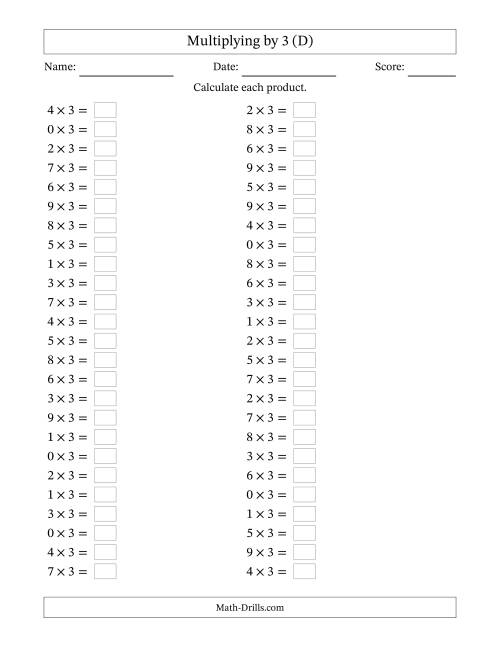 The Horizontally Arranged Multiplying (0 to 9) by 3 (50 Questions) (D) Math Worksheet