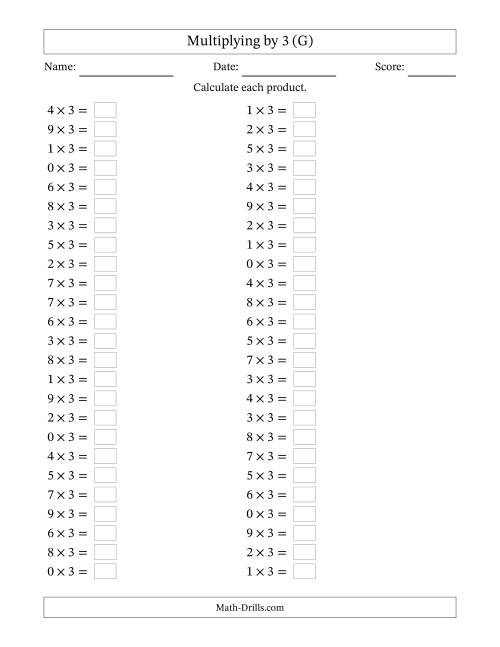 The Horizontally Arranged Multiplying (0 to 9) by 3 (50 Questions) (G) Math Worksheet