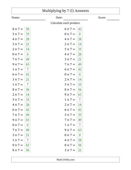 The Horizontally Arranged Multiplying (0 to 9) by 7 (50 Questions) (I) Math Worksheet Page 2