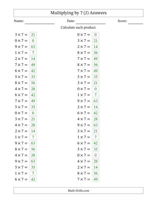 The Horizontally Arranged Multiplying (0 to 9) by 7 (50 Questions) (J) Math Worksheet Page 2