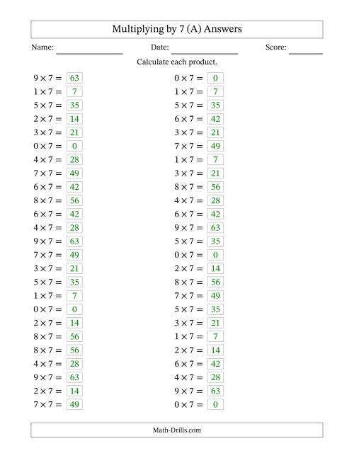 The Horizontally Arranged Multiplying (0 to 9) by 7 (50 Questions) (All) Math Worksheet Page 2