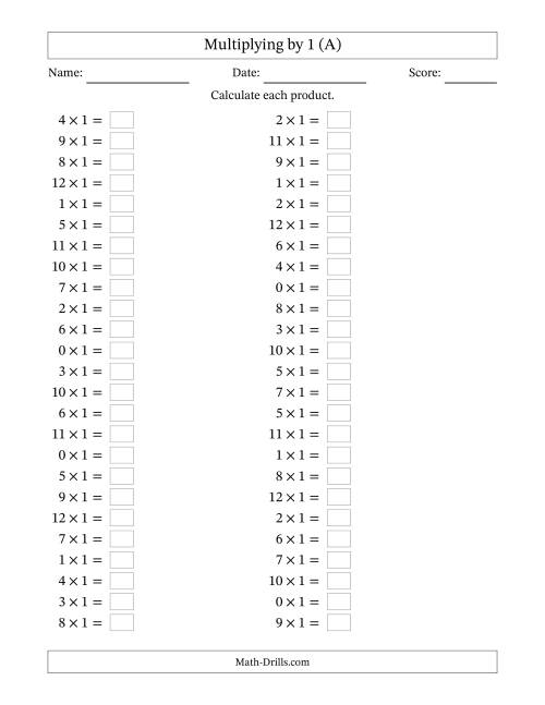 The Horizontally Arranged Multiplying (0 to 12) by 1 (50 Questions) (All) Math Worksheet
