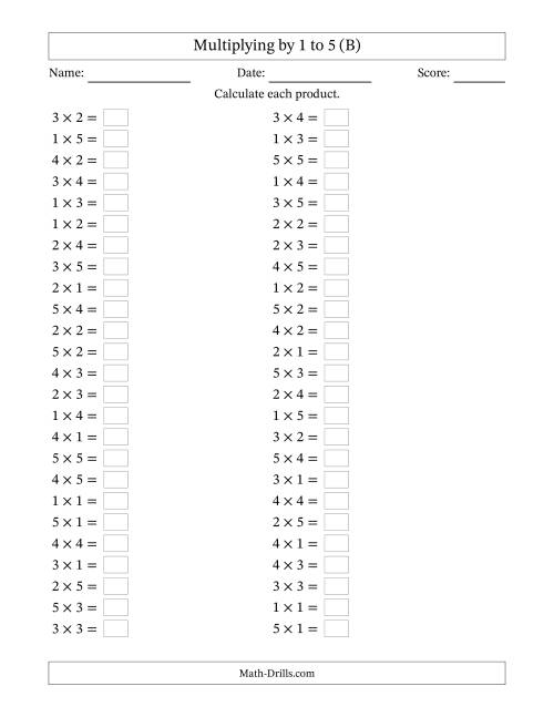 The Horizontally Arranged Multiplication Facts with Factors 1 to 5 and Products to 25 (50 Questions) (B) Math Worksheet