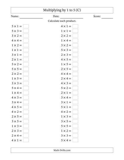 The Horizontally Arranged Multiplication Facts with Factors 1 to 5 and Products to 25 (50 Questions) (C) Math Worksheet