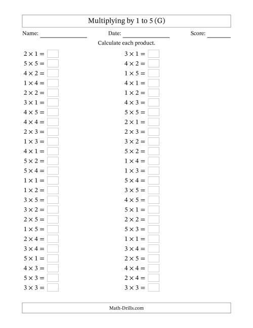 The Horizontally Arranged Multiplication Facts with Factors 1 to 5 and Products to 25 (50 Questions) (G) Math Worksheet