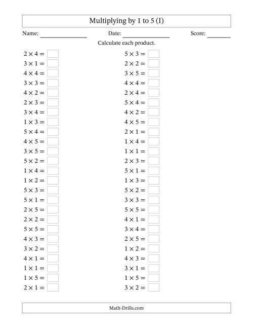 The Horizontally Arranged Multiplication Facts with Factors 1 to 5 and Products to 25 (50 Questions) (I) Math Worksheet