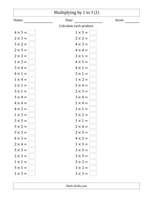 The Horizontally Arranged Multiplication Facts with Factors 1 to 5 and Products to 25 (50 Questions) (J) Math Worksheet