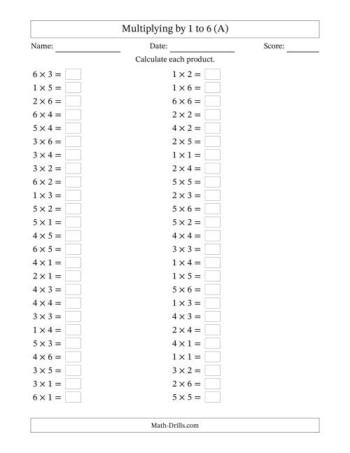 The Horizontally Arranged Multiplying up to 6 × 6 (50 Questions) (A) Math Worksheet