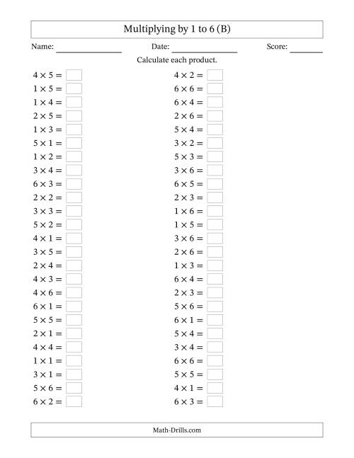 The Horizontally Arranged Multiplying up to 6 × 6 (50 Questions) (B) Math Worksheet