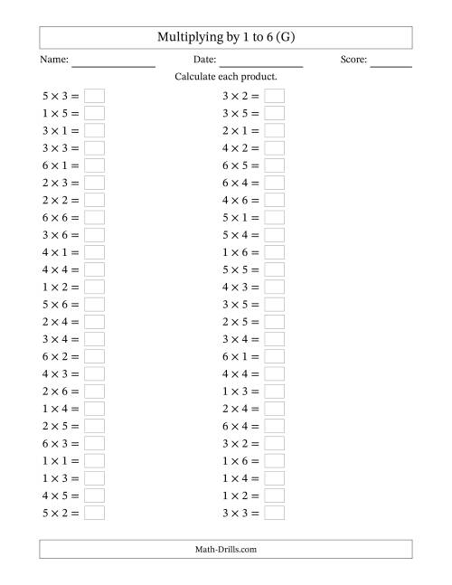 The Horizontally Arranged Multiplying up to 6 × 6 (50 Questions) (G) Math Worksheet