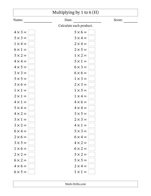 The Horizontally Arranged Multiplying up to 6 × 6 (50 Questions) (H) Math Worksheet