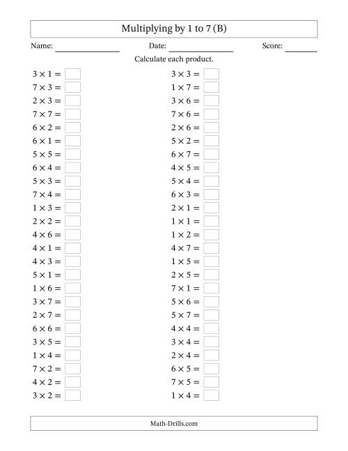 The Horizontally Arranged Multiplying up to 7 × 7 (50 Questions) (B) Math Worksheet