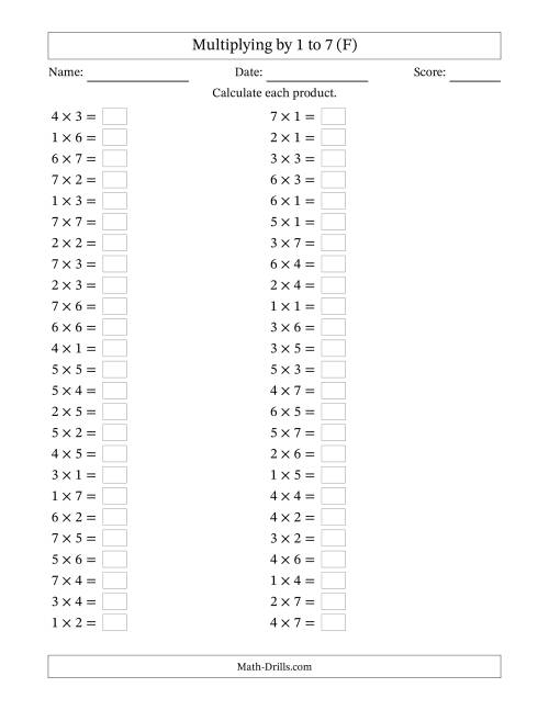 The Horizontally Arranged Multiplication Facts with Factors 1 to 7 and Products to 49 (50 Questions) (F) Math Worksheet