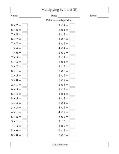 The Horizontally Arranged Multiplying up to 8 × 8 (50 Questions) (E) Math Worksheet