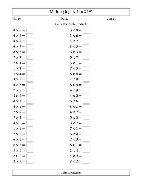 The Horizontally Arranged Multiplying up to 8 × 8 (50 Questions) (F) Math Worksheet