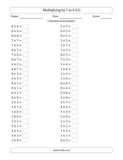 The Horizontally Arranged Multiplying up to 8 × 8 (50 Questions) (G) Math Worksheet