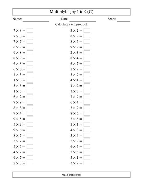The Horizontally Arranged Multiplying up to 9 × 9 (50 Questions) (G) Math Worksheet
