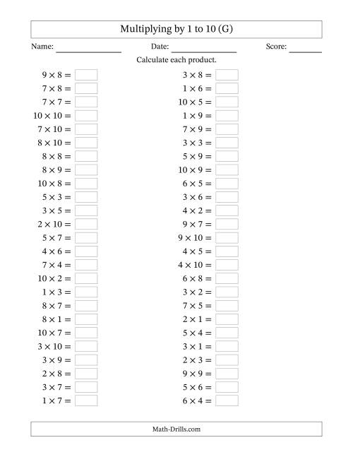 The Horizontally Arranged Multiplication Facts with Factors 1 to 10 and Products to 100 (50 Questions) (G) Math Worksheet