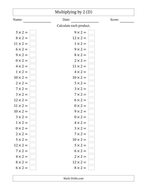 The Horizontally Arranged Multiplying (0 to 12) by 2 (50 Questions) (D) Math Worksheet