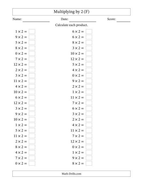 The Horizontally Arranged Multiplying (0 to 12) by 2 (50 Questions) (F) Math Worksheet