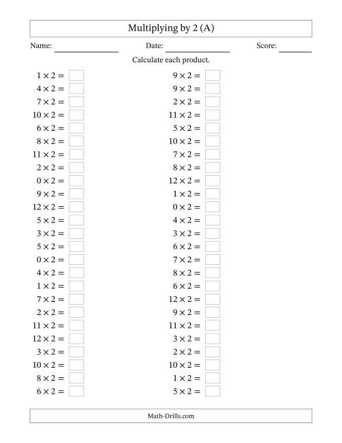 The Horizontally Arranged Multiplying (0 to 12) by 2 (50 Questions) (All) Math Worksheet