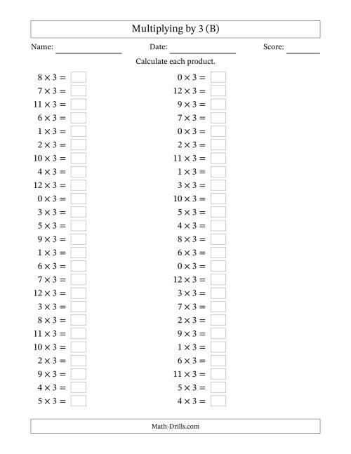 The Horizontally Arranged Multiplying (0 to 12) by 3 (50 Questions) (B) Math Worksheet