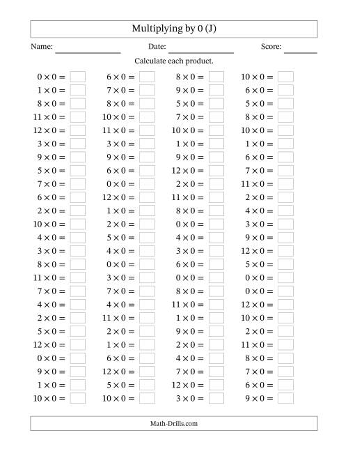The Horizontally Arranged Multiplying (0 to 12) by 0 (100 Questions) (J) Math Worksheet