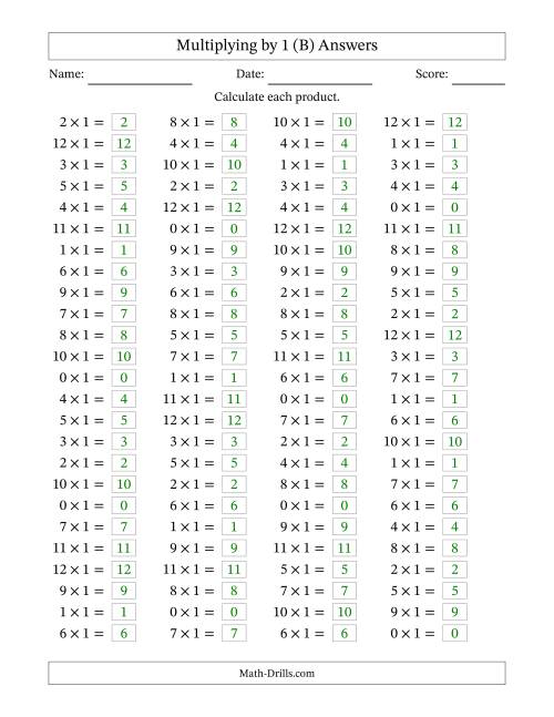 The Horizontally Arranged Multiplying (0 to 12) by 1 (100 Questions) (B) Math Worksheet Page 2